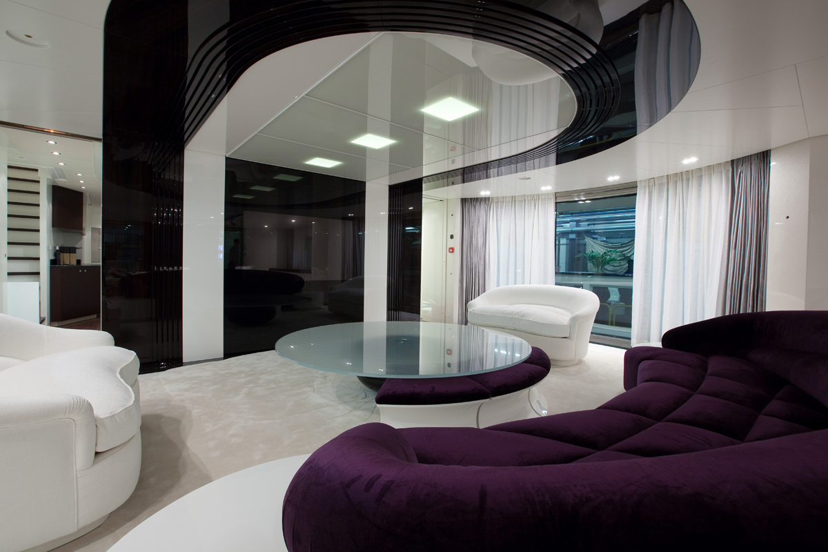 Top Elegant Interior Good Looking Quinta Essentia Yacht House Design Ideas Featuring Awesome Dark Purple Fabric Upholstery Bed Sofa Within Round Glass Wheel  Throughout Best Home Interior Design Websites Ideas - noroominhell.com