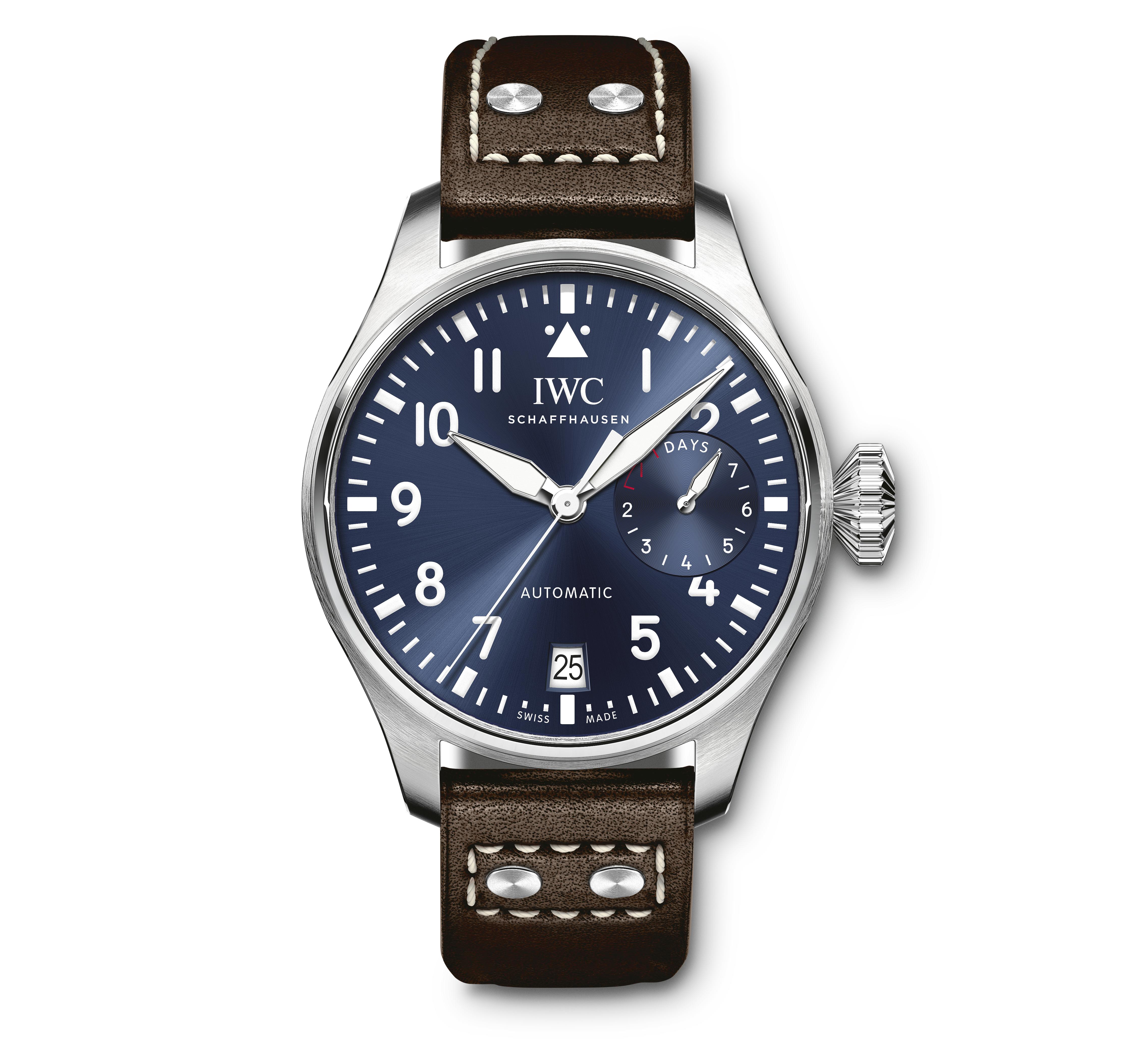 IW501002 Big Pilot's Watch Edition "Le Petit Prince" in stainless steel with Brown calfskin strap Front Mechanical movement · Pellaton automatic winding · IWC-manufactured 52110 calibre (52000-calibre family) · 7-day power reserve when fully wound · Power reserve display · Date display · Central hacking seconds · Breguet spring · Soft-iron inner case for protection against magnetic fields · Screw-in crown · Sapphire glass, convex, antireflective coating on both sides · Glass secured against displacement by drops in air pressure · Engraving of “The Little Prince” on case back · Water-resistant 6 bar · Case height 15.6 mm · Diameter 46.2 mm · Calfskin strap by Santoni