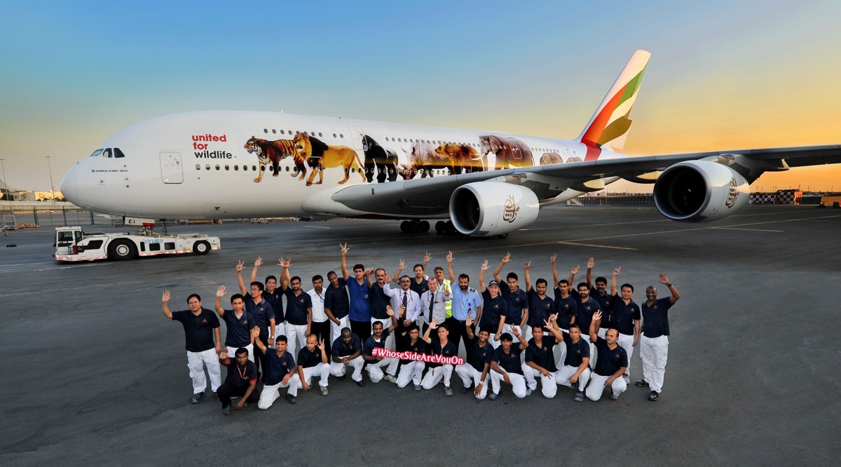 Emirates-A380-with-the-first-United-for-Wildlife-decal-with-Emirates-Aircraft-Appearance-Centre-Team