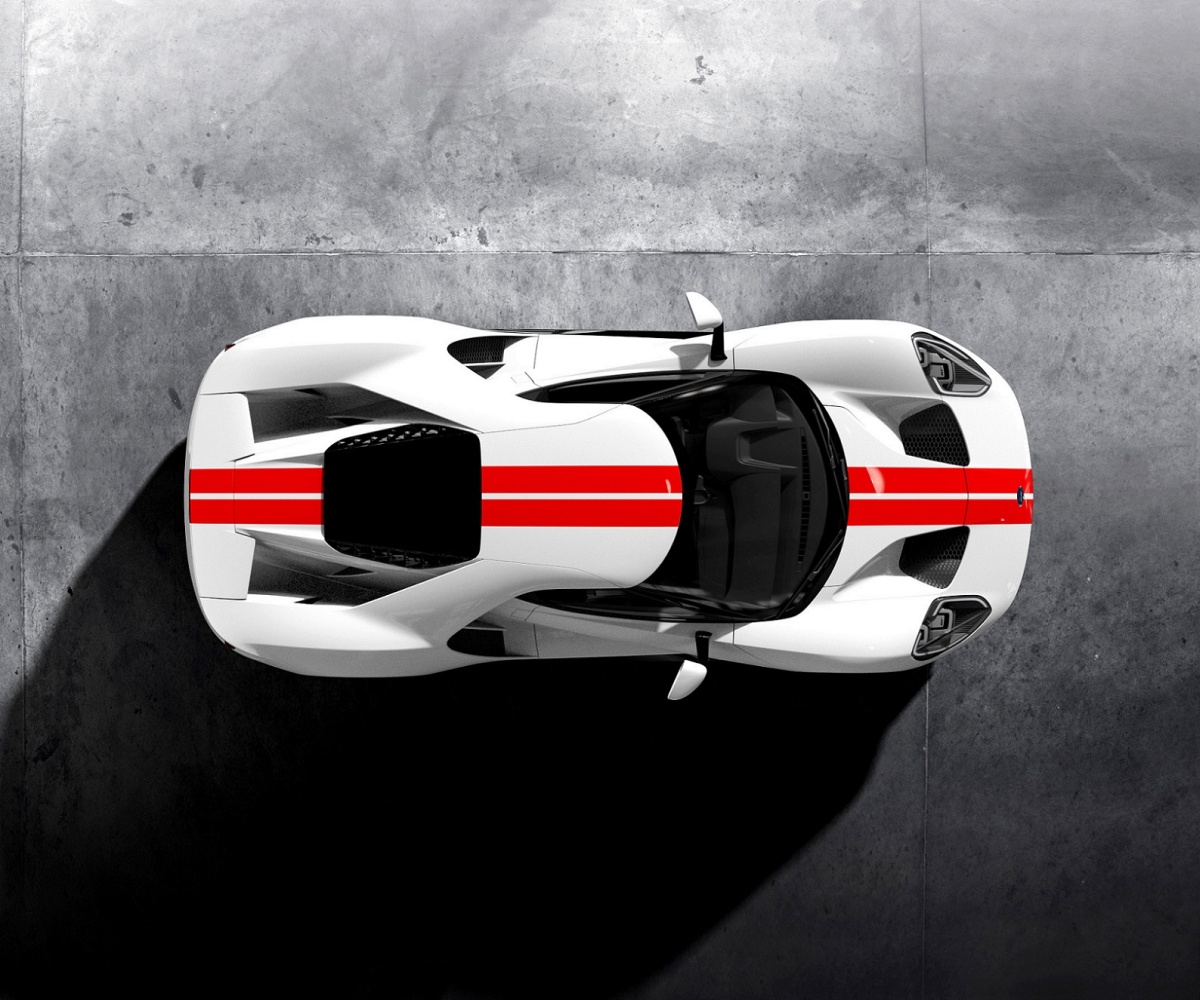 GT Configurator: frozen white Ford GT race red stripe overhead